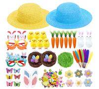 Chennyfun Easter Bonnet Kit, Easter Bonnets Hat Kids,Make Your Own Hats - Chicks Straw Bonnets Chick Egg Bunny Carrot Grass Flower for Easters Hat Decor,Kids Easters Egg Hunt for Girls Boys