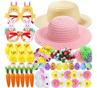 Chennyfun Easter Bonnet Kit Make Your Own Easter Bonnet Hat for Kids Boys Girls, Easter Handmade Bonnet Hat Decorations Straw Hat Kit Chicks Glasses Bunnies Carrots Easter Craft Supplies Decorations