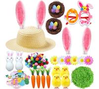 Chennyfun Easter Decorations Easter Bonnet Kit - DIY Easter Bundle Kit Make Your Own Easter Bonnet Hat with Hat, Rabbit Ear, Carrots, Glasses, Chicks for Children's Easter Craft Supplies Decorations