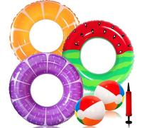 Chennyfun Inflatable Swim Rings Set, 6PCS Inflatable Pool Floats Rubber Ring, Purple Swimming Tube Ring with 2 Beach Balls 1 Air Pump, Summer Water Fun Beach Party Pool Inflatables Toy for Kids Adults