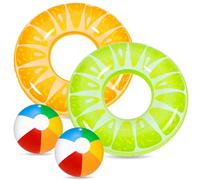 Chennyfun Inflatable Swimming Ring Set, 2 Pack Lemon And Orange Rubber Ring with 2 Pack Beach Ball, Fruit Swimming Ring Tube, Inflatable Pool Ring for Pool Summer Beach Water Party for Kids Adults