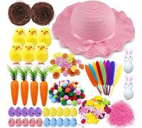 Chennyfun Pink Easter Bonnet Hat with Ribbon, Make Your Own Surprise Easter Bonnet, Easter Bonnet Decorations Kit with Colorful Eggs, Easter Chicks, Carrot, Easter Gift for Kids