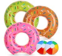Chennyfun Pool Inflatable Float Rubber Ring, Donut Swim Rings in Pink & Brown & Green with 2 Beach Balls, Rubber Ring Tube Water Pool Summer Toys for Beach Pool Party