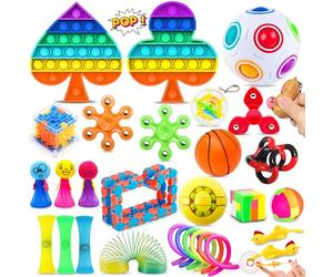 Chennyfun Rainbow Fidget Toy Set, 30Pcs Sensory Toys for Autism ADHD, Stress Reliever with Toy Box Push-It Toy, Magic Bean Rotating Cube, Stress Ball Anti-anxiety Birthday Gift for Teen Children Adult