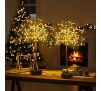 CHENRI 2PCS Nest and Flowers Table Lights Fireworks, 120 LED Mini Table Starburst Silver Lights, Firework Centerpiece Light, Battery Operated LED Table Lamp for Christmas Decor (Warm)