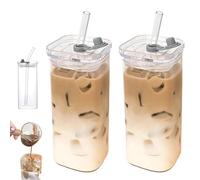 CHENRI Square Glass Cups with Lids and Straws, 400ml Square Drinking Glass Cups, Heat Resistant Iced Coffee Cups, Leak Proof Tumbler, Clear Milk Cup, Drinking Glasses for Coffee, Juice (2PCS)