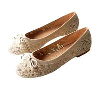 CHENSIYU Women's Ballet lats Shoes lip On Knit Dress Shoes Solid Color Weave Casual Shoe Pumps Round Toe Ballerinas with Bow for Woman Comfort Soft (Beige, 7)