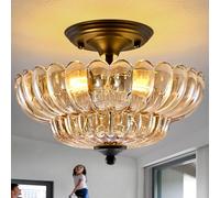 ChenSolara Modern Black Ceiling Light Fixture, Amber Glass Flush Mount Chandeliers, Semi Flush Mount Ceiling Light Fixture Suitable for Living Room Hallway Kitchen Bedroom