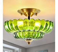 ChenSolara Semi Flush Mount Ceiling Light Green Light Fixtures with Gold Base Vintage Lighting Ceiling Mount Mid Centry Modern Light Fixture for Kitchen Bedroom Hallway Entryway