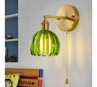 ChenSolara Vintage Wall Sconce 1 Pack, Green Glass Shade Gold Wall Lamp with 12 Inch Cable Switch, Modern Bathroom Wall Sconces for Bedroom Corner Hallway