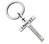 CHENVA Bible Verse Cross Keychain Strength Bible Verse Stainless Steel Key Ring Christian Gift for Women Men, 1 Peter 5:7, Large