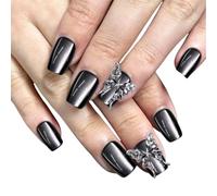 Chenxi Studio 10Pieces Women's Cats Eye Press On Nails with 3D Butterfly and Glossy Metallic Gray Square Faux Nails Glues On Nails