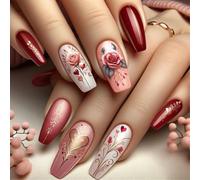 Chenxi Studio 24 Pcs Valentines Day Stick On Nails Flowers Artificial Nails Mediums Length Press On Nails Glossy Acrylic False Nails