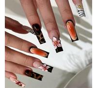 Chenxi Studio 24 Pieces Long Square Press On Nails Leopards French Tip False Nails Full Covers Stick On Nails For Fashion Enthusiasts