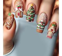 Chenxi Studio 24pcs Christmas Press on Nails Chocolate House False Nails Snowflake Designs Acrylic Nails Art for Holiday Party