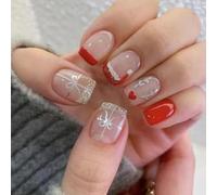 Chenxi Studio 24Pcs Christmas Press On Nails Short Square With Silver Glittering Bows French Designs Acrylic Nails Art For Decorations