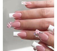 Chenxi Studio 24Pcs Elegant French Tip Press On Nails With Rhinestones And 3D Flower Accents Full Coverage Acrylic Nails Tips For Wome