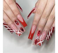 Chenxi Studio 24pcs Long Square Press on Nails Christmas False Nails French Tips Stick on Nails For Elegant Women Manicure Decoration