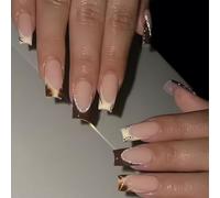 Chenxi Studio 24Pcs Press on Nails Square False Nails Glittering Stripe Designs French Tips Glossy Stick Nails Manicure for Women