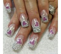 Chenxi Studio 24pcs Valentines Nails French Tip Press On Nails Square Shape False Nails with Glitters Heart Designs Nails Art
