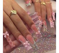 Chenxi Studio 24Pieces Elegant French 3D Bows Rhinestones Charm Press On Nails Long Square Stick On Artificial Faux Nails for Women