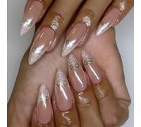 Chenxi Studio 24Pieces French Tip Press On Nails with Bows and Shimmery Tip Almond Shape Faux Nails Glues On Nails for Women