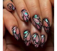 Chenxi Studio Almond Glittering Press On Nails With 3D Butterfly Accents False Nails 24 Pcs Glossy Stick on Nails Set For Women