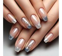 Chenxi Studio Almond Press On Nails French Tip False Nails With Glitters Leaf Designs Full Covers Stick on Nails For Elegant Look
