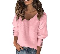 Chenxi Studio Button Adorned V Neck Sweater Women's Long Sleeve Knitted Blouse Suitable for Layering and Multiple Occasion Loose Fit Tops