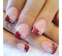 Chenxi Studio Christmas Press on Nails Short Square False Nails Snowflakes Nails Embellishments Stick On Nails Winter Nails Art 24Pcs