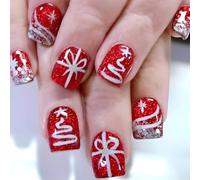 Chenxi Studio Christmas Press on Nails Short Square Stick on Nails False Nails with Glitters Snowflake Designs Artificial Nails 24Pcs