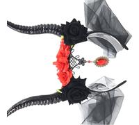 Chenxi Studio Delicate Mesh Veil Devil Horn Hair Accessory Flower Headband Cosplay Rose Detail Suitable For Adults Cosplay Event Lace Veil Horn Hair Ornament