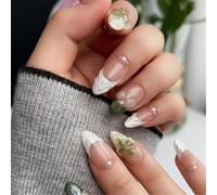 Chenxi Studio Elegant French Styles Almond Press On Nails With 3D Floral Designs Stick on Nails For A Sweet And Stylish Look