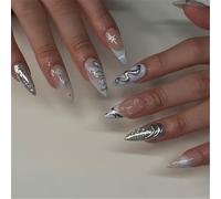 Chenxi Studio Elegant Nails Art Set Press on Nails With 3D Butterfly and Star Designs Almond Stick on Nails Acrylic False Nails 24Pcs