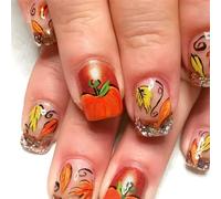 Chenxi Studio Fall Press on Nails Short Square Maple Leaves False Nails Glitters French Tip Pumpkin Thanksgiving Artificial Nails