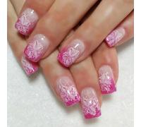 Chenxi Studio French Tip Press On Nails Acrylic Nails with Flowers Designs Square False Nails Set Glossy Artificial Nails Ornament
