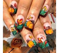 Chenxi Studio French Tip Press on Nails Short Square False Nails with Glossy Pumpkin Leaf Artificial Nails Designs Full Covers