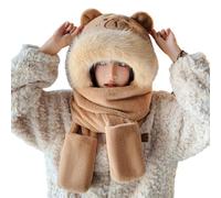 Chenxi Studio Hat Wear, Furry Cartoon Capybaras Hat with Scarf Gloves Set Thicken Furry Hat Oversized Headgear Hat for Winter Commute