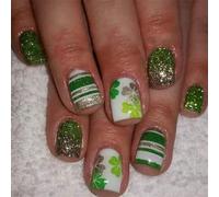 Chenxi Studio Patrick's Day Press on Nails Green Shamrock Striped Glitters False Nails for Party Wear Festival Manicure Nails Art