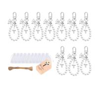 Chenxi Studio Pearls Crosses Keychain Set With Organza Bags And Thank You Labels For Baptism Party Favor Wedding Guest Gifts
