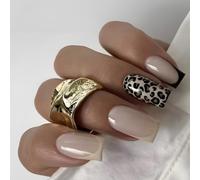 Chenxi Studio Short Square Press On Nails Leopards Pattern With French Tip Acrylic False Nails Stick on Nails For Women 24Pcs