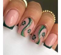 Chenxi Studio Square Press On Nails Fake Nails Green Shamrock Glues On Nails Artificial Acrylic Nails 24pcs Stick On Nails for Womens