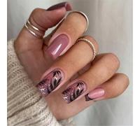 Chenxi Studio Square Press on Nails with Leaf Designs Glossy False Nails French Artificial Nails Acrylic Stick on Nails Manicure 24pcs