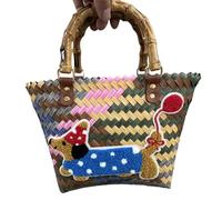Chenxi Studio Stylish Women's Woven Bag With Dachshund Print And Retro Stripes Casual Shopping Bags Handbag For Various Occasion Stylish Women's Handbag