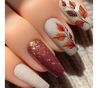 Chenxi Studio Thanksgiving Press on Nails Glitters Acrylic False Nails Maple Leaves Designs Glossy Stick on Nails for Women 24Pcs