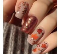 Chenxi Studio Thanksgiving Press On Nails Short Square Artificial Nails With Autumn Maple Leaves Designs False Nails For Women 24pcs