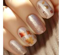 Chenxi Studio Thanksgiving Press on Nails Short Square False Nails Glossy False Nails with Maple Leaves Designs Stick on Nails 24 Pcs