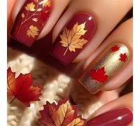 Chenxi Studio Thanksgiving Press on Nails Short Square Glossy Full Covers Fall False Nails with Maple Leaves Designs Stick on Nails