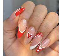Chenxi Studio Valentines Day Long Almond Press On Nails Full Covers Heart Designs False Nails Glossy Artificial Nails Manicure 24Pcs