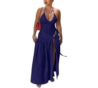 Chenxiyin Two Piece Skirt Set Women Sexy Halter Backless Bodysuit and Wrap Tied High Split Summer Maxi Skirt Set (Blue,S)